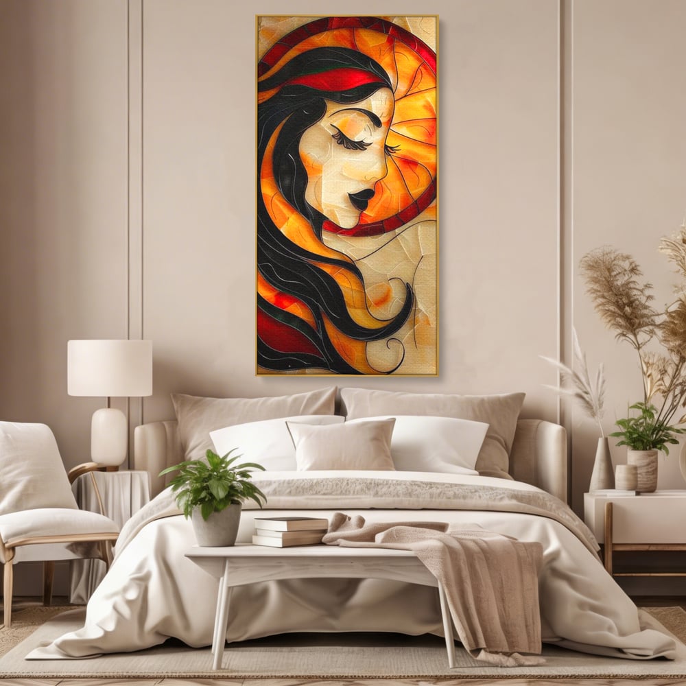 Tablou canvas cu tablou canvas cu profil de femeie stil vitraliu, in rama de aluminiu auriu, pe perete intr-un dormitor